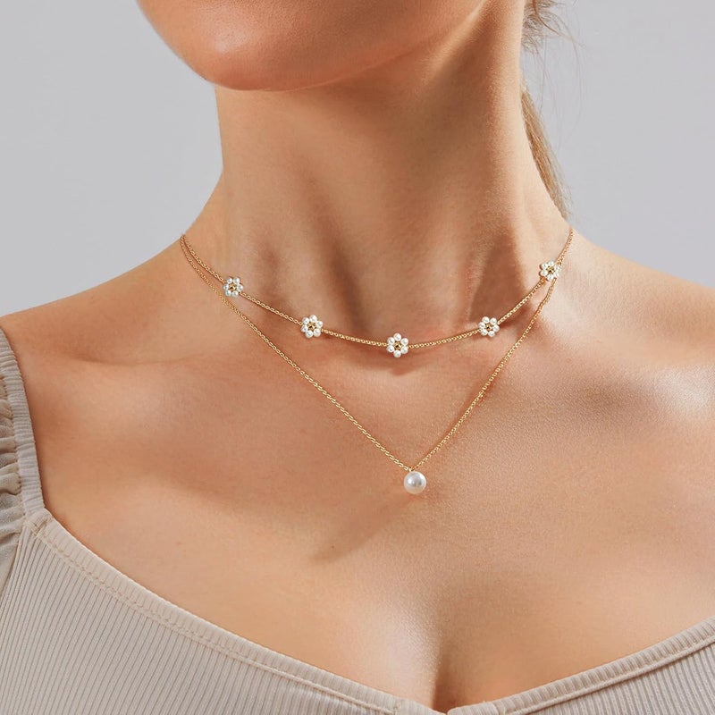 Zeffy Gold Pearl Necklace for Women, Dainty 14K Gold/Silve Plated Layered Pearl Choker Pearl Earrings Pearl Bracelets Wedding Trendy Gold Jewelry Set for Women Gifts - Image 3